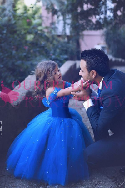 Lovely Royal Blue Flower Girls Dresses Off The Shoulder With Butterfly Princess Ball Gown Little Girl Pageant Dresses Gowns For Garden