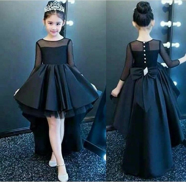 Princess Hi Low Long Sleeve Flower Girls Dresses Sheer Jewel Neck A Line Black Back Bow First Communion Dresses Girls Pageant Gown Cus