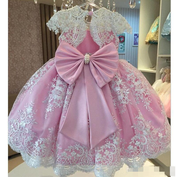 Classy Pink Pearls Lace Ball Gown Flower Girls Dresses For Wedding Appliques Birthday Gowns Floor Length Tulle First Communion Dress