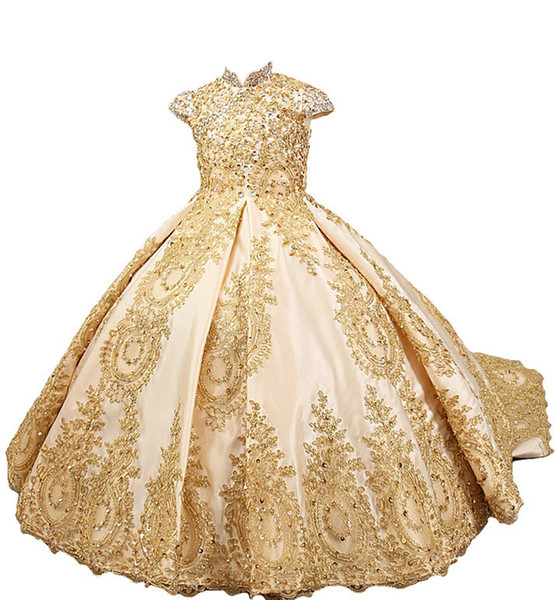 Gorgeous Royal Princess Flower Girls Dresses Gold Lace Appliques Beaded Girls Pageant Gown First Communion Dresses Custom Made Real