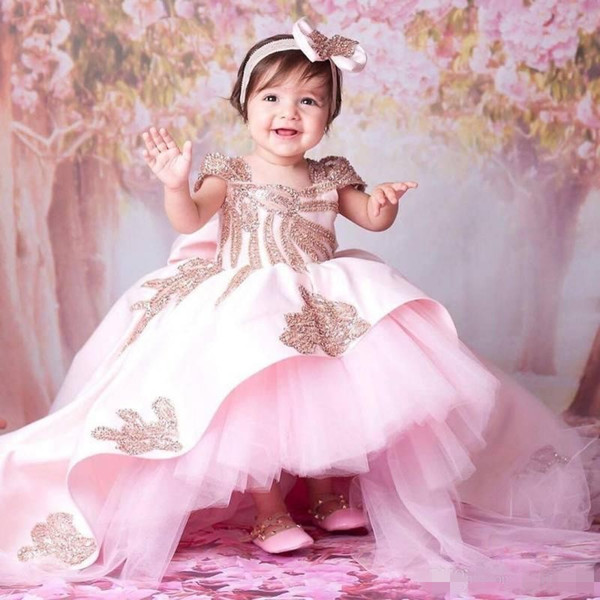 Pink Ball Gown Flower Girls Dresses For Weddings Sweep Train Sequins Kids Formal Wear Cute Bow Communion Dress