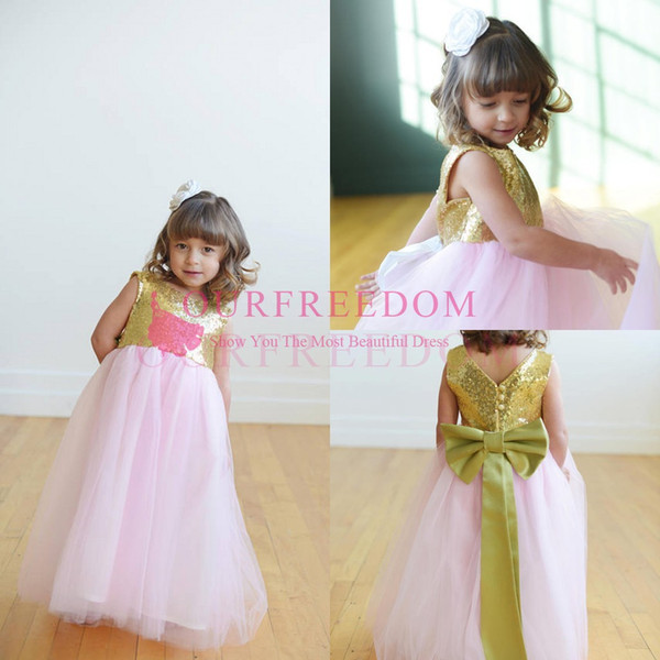 Cute Gold Sequins Flower Girls Dresses Pink Tulle Floor Length Back Cover Bow First Communion Dresses Flower Girls Dresses For Wedding