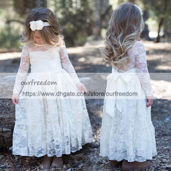 Lace Vintage Long Sleeve Flower Girls Dresses New Floor Length A Line Sheer Jewel Sashes Kids Pageant Gown First Communion Dresses