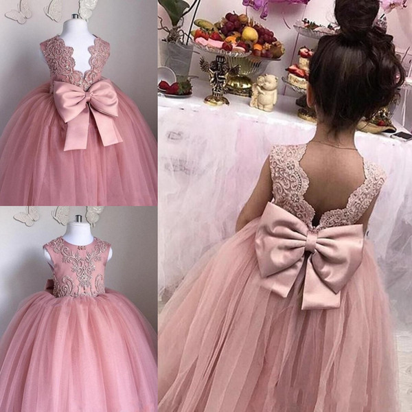 Blush Pink Flower Girls Dresses Sheer Jewel Neck Sleeveless Lace Appliques Tulle Girl Pageant Gowns Birthday Dresses With Big Bow