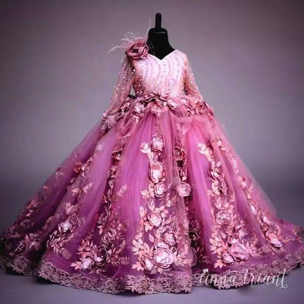 Luxury 3D Floral Lace Flower Girl Dresses Long Sleeve Handmade Flowers Girls Pageant Gowns Gorgeous Applique Puffy Tulle Party Dresses