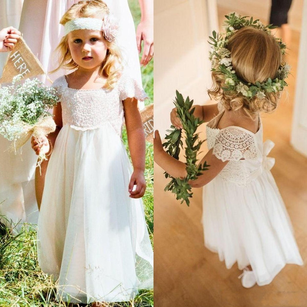 Bohemian Lace Chiffon A Line Flower Girls Dresses Short Sleeves Country Wedding Dresses For Kids Cute Long Boho First Communion Dress