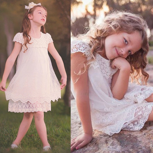 Summer Beach Garden Boho Flower Girl Dresses Lace Princess Cap Sleeves Short Kids Formal Wear Gowns Cheapest MC0966