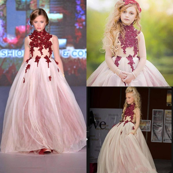 A Line High Neck Flowers Girls Dresses Burgundy Lace Applique Long Sleeve Teens Princess Pageant Gowns Prom Wedding Party Dress BC1574