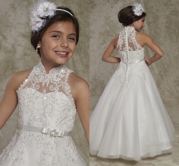 New Lovely High Neck Button Back Flower Girl's Dresses Lace Appliques Beaded Elegant Wedding Party Toddler Girl's Gowns with Bow Belt