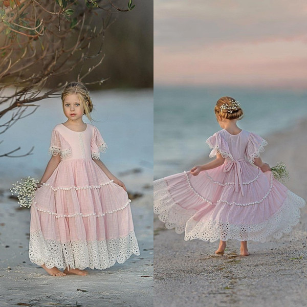 Beach Pink Sheer Short Sleeves A Line Lace Girl's Pageant Dresses Tiered Chiffon Puffy Formal Kids Birthday Prom Party Gowns BC3689