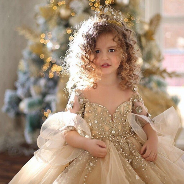 Gold Ball Gown Girls Pageant Dresses Long Sleeves Pearls Lace Applique Princess Tulle Puffy Kids Flower Girls Birthday Gowns