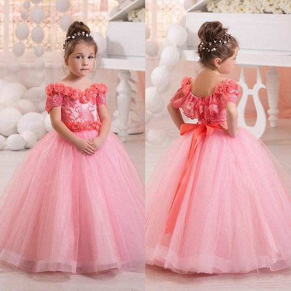 New Pink Off Shoulder Flower Girls Dresses Tulle Beaded Short Sleeves Princess Bow Kids Formal Wear Toddler Girl's Pageant Dresses BC0962