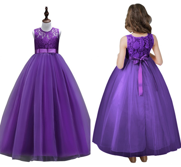 In Stock White Purple Princess Lace Flower Girls Dresses Appliques Kids Ball Gown Birthday Party Dresses Children Gowns Cheap MC2080