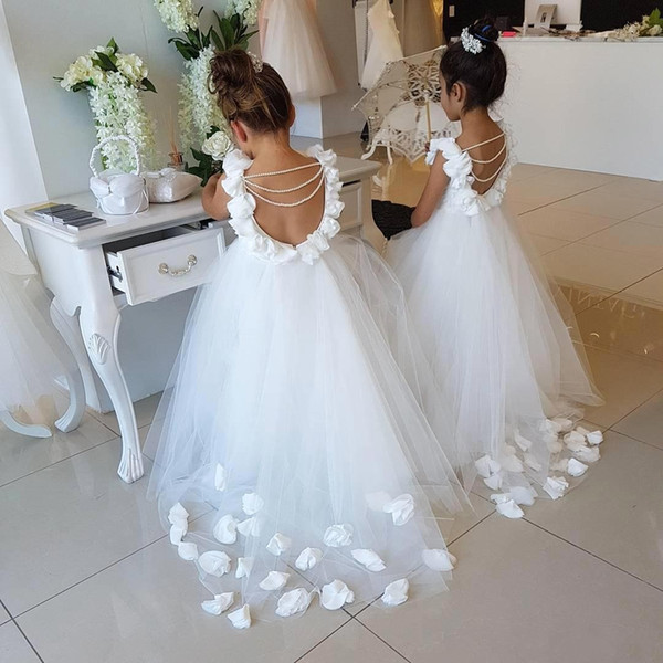 Lovely White Tulle Flower Girl Dresses Princess Flower Sleeveless Backless A Line Princess Long Girl Communion Birthday Party Dress BA9835