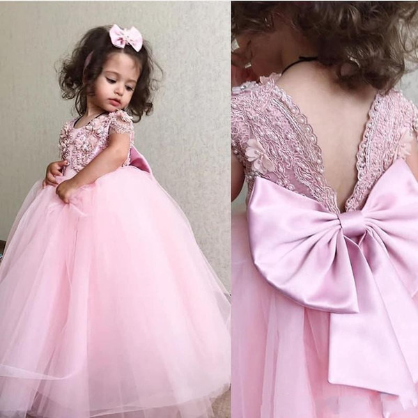 Lovely Lace Beaded Pink Flower Girl Dresses Backless Ball Gown Little Girl Wedding Dresses Vintage Communion Pageant Dresses Gowns