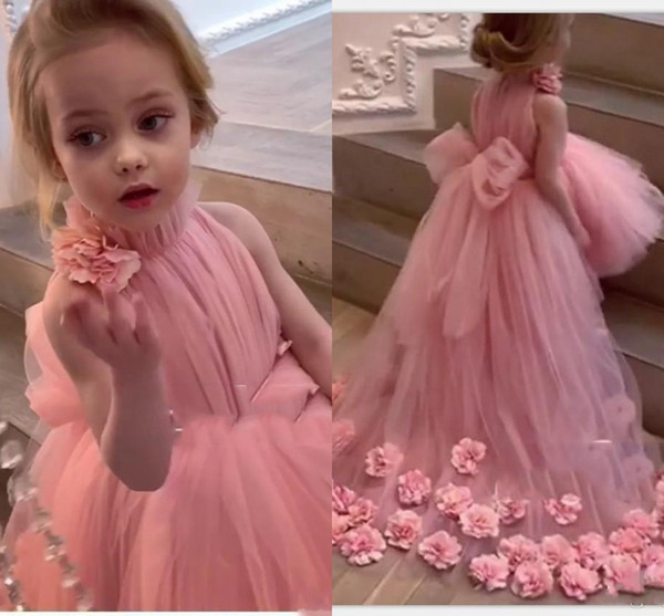 Lovely Pink High Low Flower Girl Dresses Princess High Neck With Hand Made Flowers Puffy Long Girl Pageant Dress