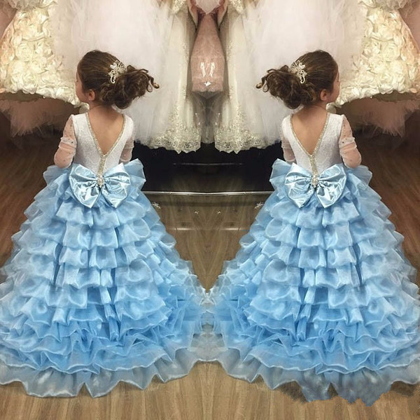 Cascading Layer Ruffles Formal Flower Girl Dresses For Weddings Sheer Jewel Neck Long Sleeve Appliqued With Big Bow Girls Pagenat Gowns