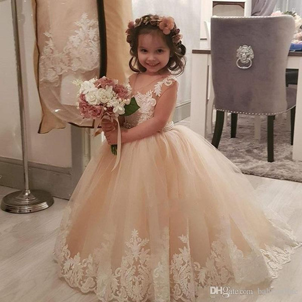 Lovely Champagne Flower Girl Dresses For Weddings Ball Gown Appliques Toddler Kids Birthday Party Communion Dresses Custom Made