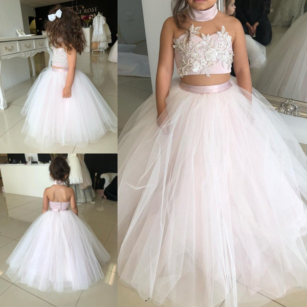 Lovely Two Pieces Flower Girl Dresses Princess A Line Halter Neck Backless Girls Toddler Formal Party Wear Gowns Birthday Pageant Gowns