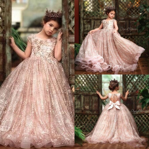 Glitz Sequins Flower Girl Dresses Princess Jewel Neck Open Back Girls Pageant Dresses for Wedding Party Gowns With Big Bow BC2691