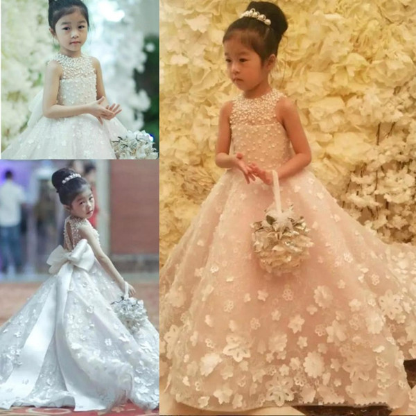 Cute Spaghetti Handmade Flower Girls Dresses Bow Belt Bead Princess Kids Floor Length Bridesmaid Dress Girl Pageant Ball Gown BC0518