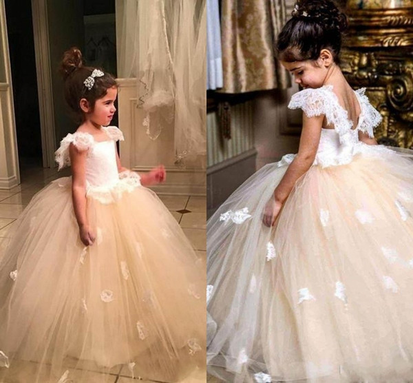 Cute Ball Gown Champagne Flower Girl Dresses For Weddings Cap Sleeves Appliques Floor Length Tulle Long Girls Birthday Communion Dress