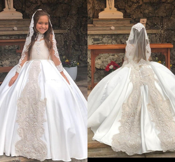 Princess Ball Gown Flower Girl Dresses For Weddings High Neck Lace Appliques Sheer Long Sleeve Girls Pageant Dress Birthday Party Gowns