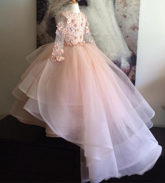 Layered Ruffles Kids Formal Wear Gowns Girls Pageant Dresses Pink Flower Girl Dresses Long Sleeves with Hand Made Flowers BA8102