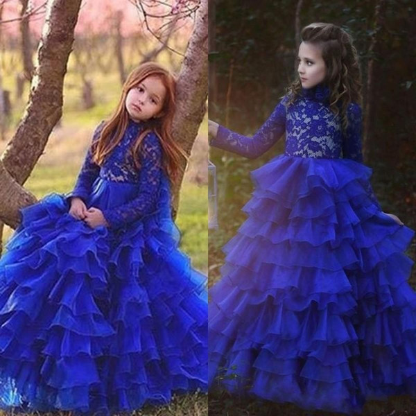 Vintage Royal Blue Long Sleeves Flower Girl Dresses For Arabic Weddings Princess Crew Neck Layers Tulle Long Kids Formal Wears BA8983