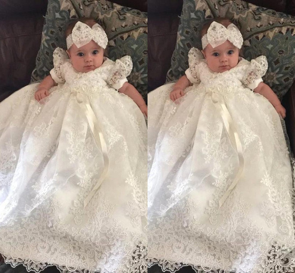 Adorable White/Ivory Flower Girl Dress First Communion Dress Cap Sleeve Jewel Neck Appliqued Toddler Christen Baptism Gown BA8321