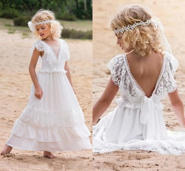 Lovley Summer Bohemain Lace Chiffon Flower Girl Dresses For Beach Wedding Party Simple A Line V Neck First Communion Dress