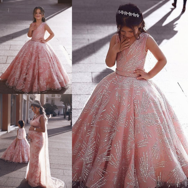 South African Dubai Style Pink Girls Formal Flower Girl Dresses For Weddings Formal Princess A Line Kids Toddler Pageant Wear Gowns Sequined