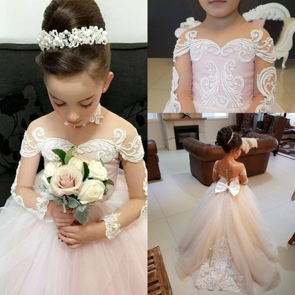 Lovely Pink Tulle Sheer Long Sleeves Flower Girl Dresses Vintage Kids Formal Wear Gowns Appliqued with Choker Bow Sash Girls Pageant BA6837