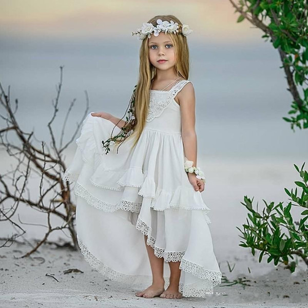 Beach Cheap High Low Bohemian Lace Flower Girl Dresses For Beach Wedding Pageant Gowns A Line Boho Kids First Holy Communion Dress