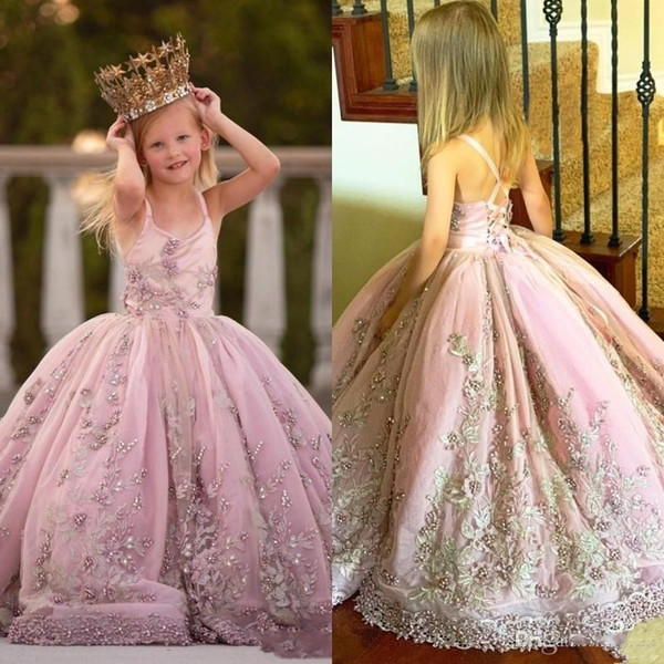 Lovely Spaghetti Strap Appliques Beaded Girls Pageant Birthday Dresses Lace-up Back Pearls Long Ball Gown Flower Girls Dress