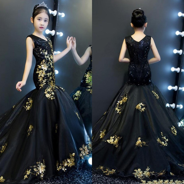 Gold And Black Mermaid Girls Pageant Dresses V-neck V Back Sequined Tulle Toddler Dress Runway Kids Flower Girl