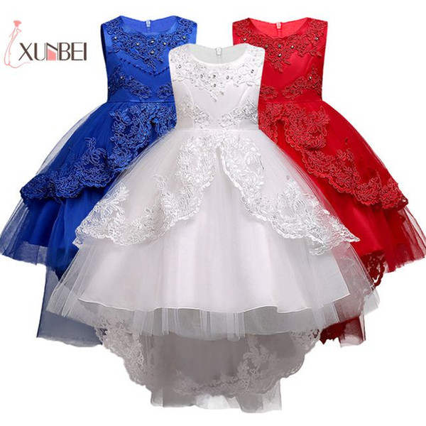 petites filles Princess Red White Lace Flower Girl Gowns 2019 High- Low Organza Girls Pageant Dresses First Communion Dress MC1320