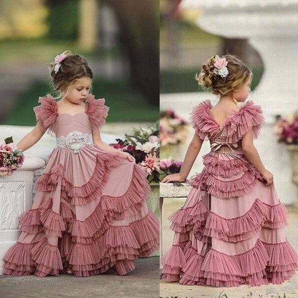 Plum Pink Capped Sleeves Flower Girl Dresses Lace Appliques Spaghetti Tulle Tiered Kids Lace flower girl dresses For Wedding