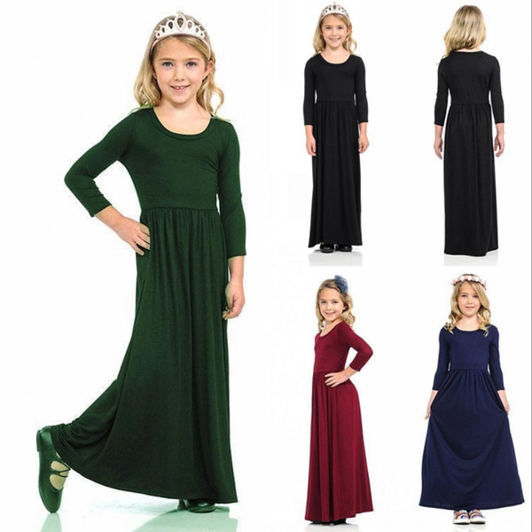 Princess Bohemian Spring Girls Maxi Dresses Long Sleeves Solid Dresses For Girls Party Dress Kids Beachwear Clothes MC1473