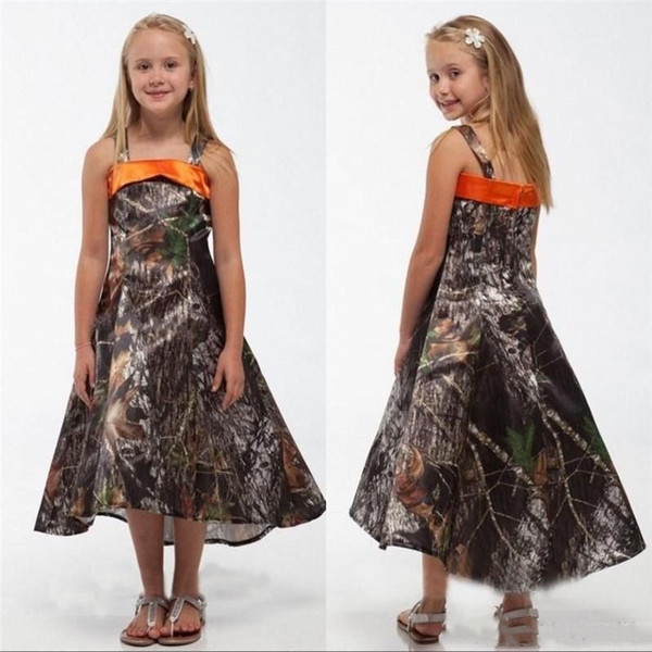 Country Camo Flower Girl Dresses A Line High Low Spaghetti Straps Tea-Length Junior Bridesmaid Dresses Girls Pageant Gowns