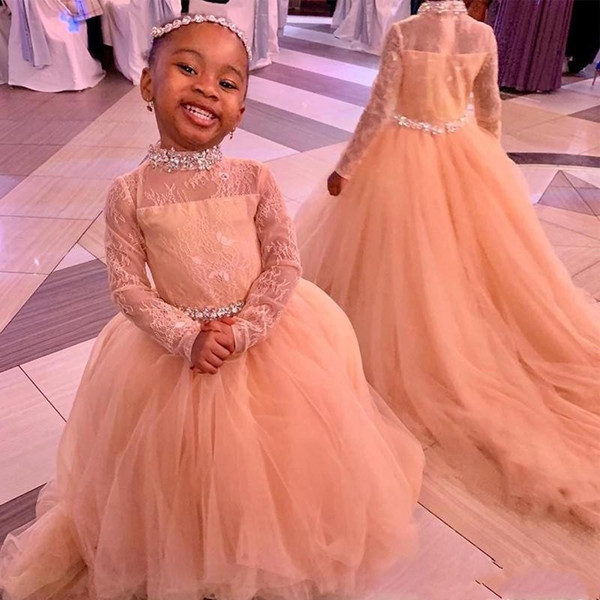 Adorable High Neck Flower Girl Dresses For Western Weddings A Line Sheer Long Sleeve Ruffles TulleWith Beaded Belt Toddler Birthday Wears