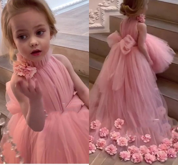 Pink High Low Flower Girl Dresses 3D Flowers Big Bow Girls Pageant Dresses primera comunion Long vestido de daminha Dress for Kids