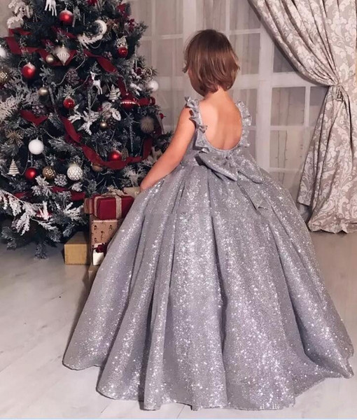 Sparkly Silver Sequin Ball Gown Girls Pageant Dresses With Back Bow Floor Length Kids Formal Flower Girl Gowns