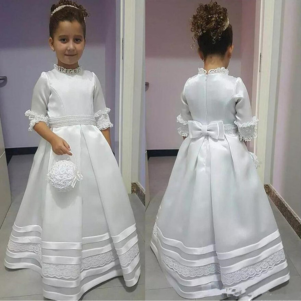 Modest White Ivory High Neck Half Sleeve Flower Girl Dresses Princess A Line Appliques First Communion Wears For Kids Toddler Formal