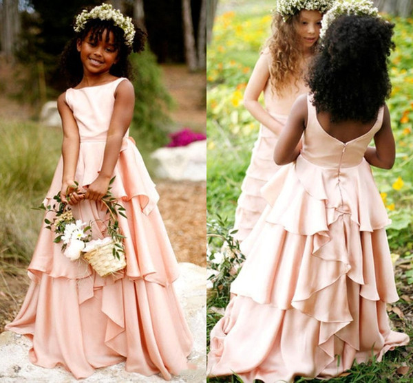 Spring Summer Boho Garden Flower Girl Dresses Blush Pink A Line Pleats Long Wedding Guest Party Dress First Communion Gowns BA3387