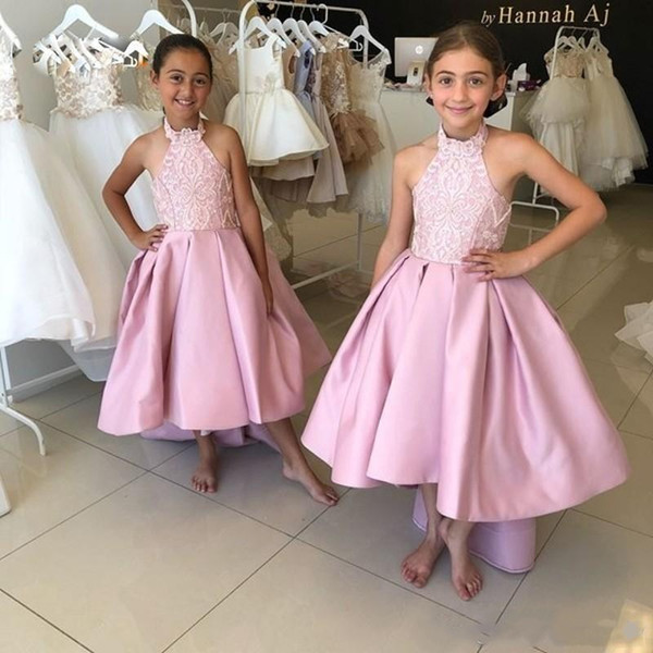 Lovely Pink High Low Flower Girl Dresses Halter Neck Lace Appliques Ruffles Girl Pageant Dress Toddler Birthday Party Communion Gowns