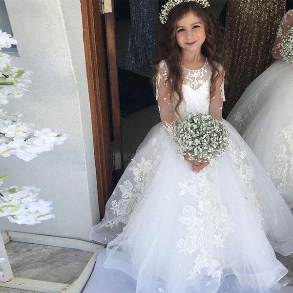 Modern Sheer Long Sleeve Flower Girl Dresses Princess Jewel Neck Lace Appliques Girls Pageant Dress Kids Formal Gowns Birthday Communion