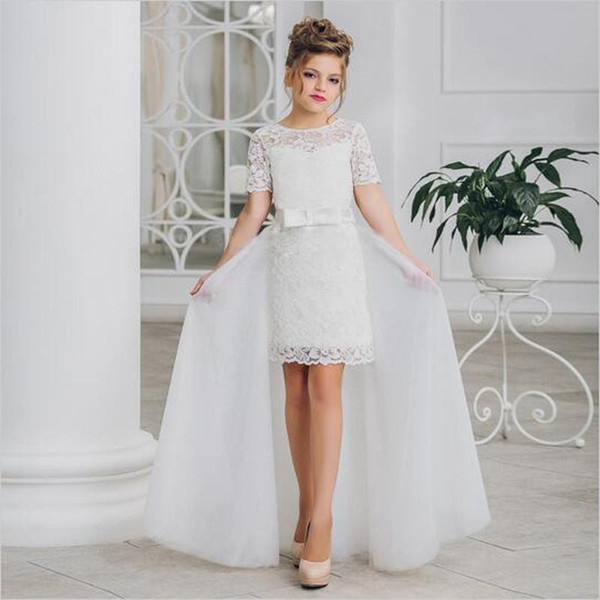 New Arrival 2020 White Flower Girls' Dresses With Detachable Skirt Birthday Girl Lace Gowns O-neck Children Party Dress