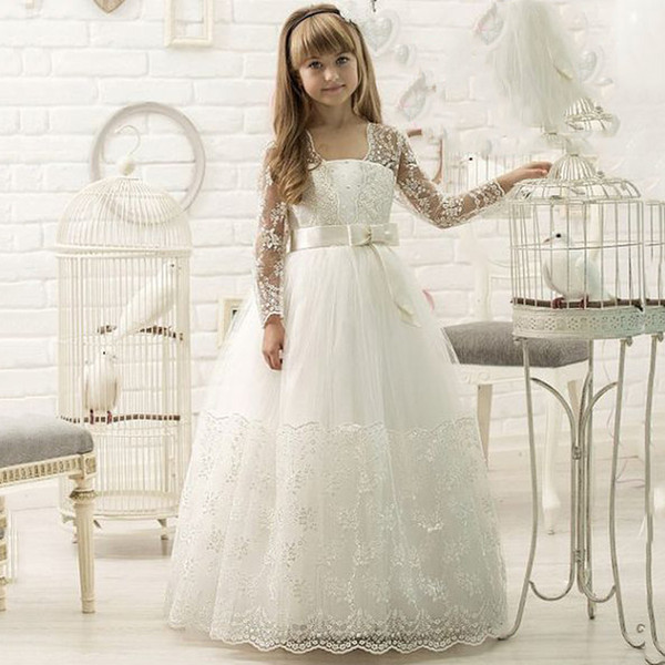 Princess Long Sleeve Flower Girl Dresses For Summer Boho Weddings A Line Sheer Neck Applique Sequins With Belt Toddler Kids Communion Wears