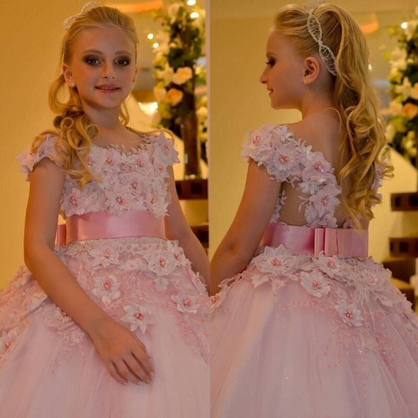 Blush Pink Arabic Flower Girl Dresses 3D Floral Appliques Pearls Child Wedding Dresses Vintage Little Girl Pageant Dresses